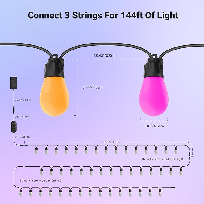 NEEWER 144ft Outdoor String Lights, App Control Smart AI RGBW Dimmable Patio - Image 8