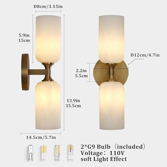 Alabaster Wall Sconce, 14in Modern Spanish Natural Marble Bathroom Vanity - Image 2