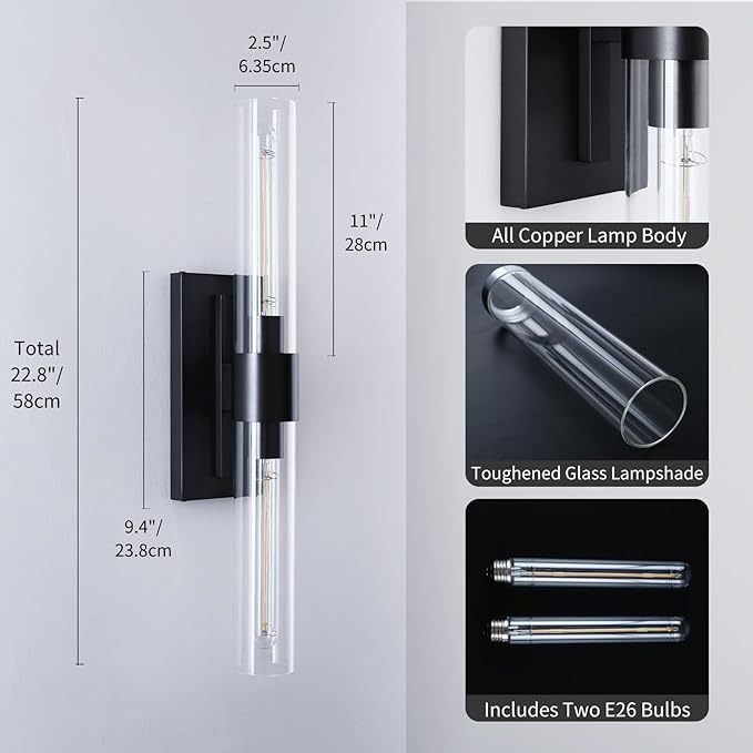 Modern Wall Sconces, 22.8in Black, 2-Light Indoor Wall Mounted Sconces - Image 2