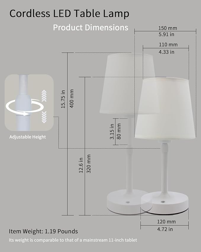 Cordless Table Lamp Rechargeable Touch White Mini Small Lamp Adjustable Height - Image 6