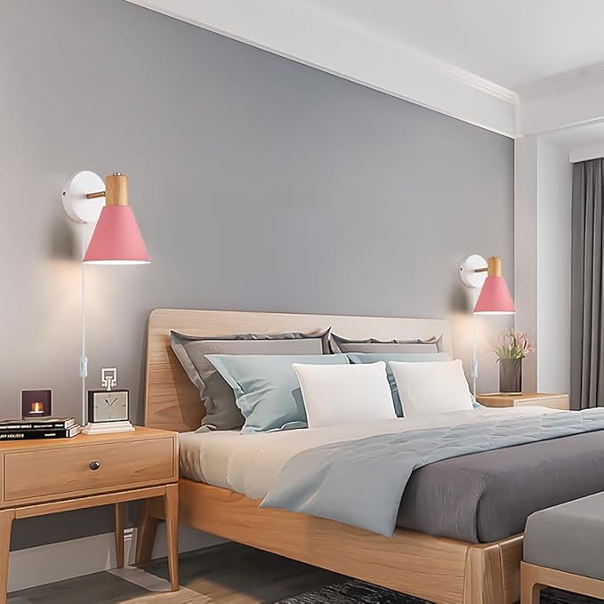 Plug in Wall Sconces Lighting Fixture Pack of 2, Wooden Adjustable Bedside Wall - Image 5