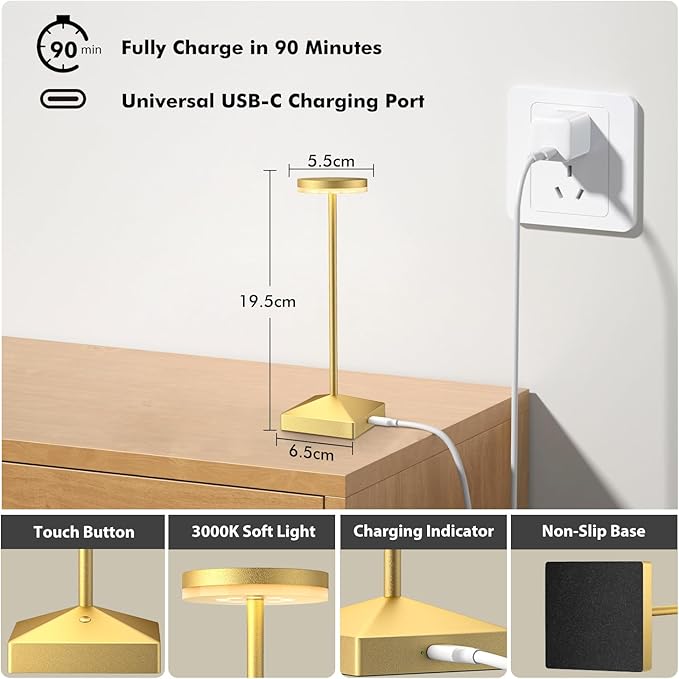3 Pack 7.67in Gold Small Cordless Table Lamps Rechargeable, Battery Operated - Image 4