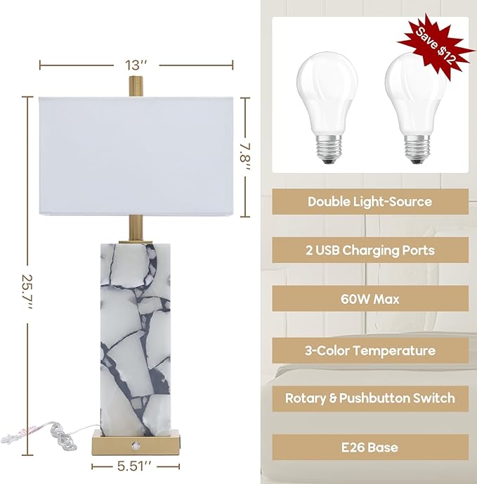 Natural Marble Table Lamps Set of 2: 3-Color Temperatures Alabaster Lamp - Image 2