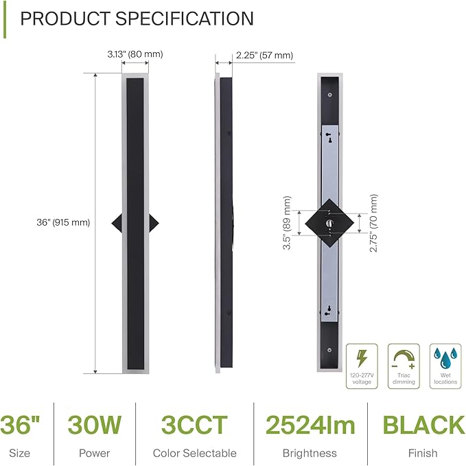 ASD LED 36" Long Wall Mount Light Fixture, Outdoor & Indoor Linear Sconce | 3CCT - Image 2
