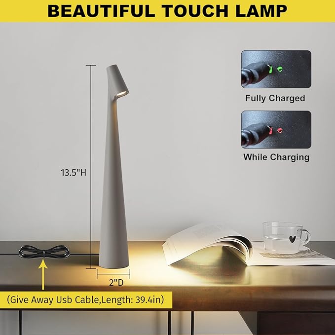 Cordless Small Table Lamps Set of 2, 3 Levels Brightness Portable Desk Lamp - Image 6