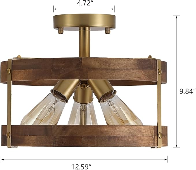 3-Light Rustic Farmhouse Wood Flush Mount Ceiling Light Fixture 12.59 inch Oak - Image 4
