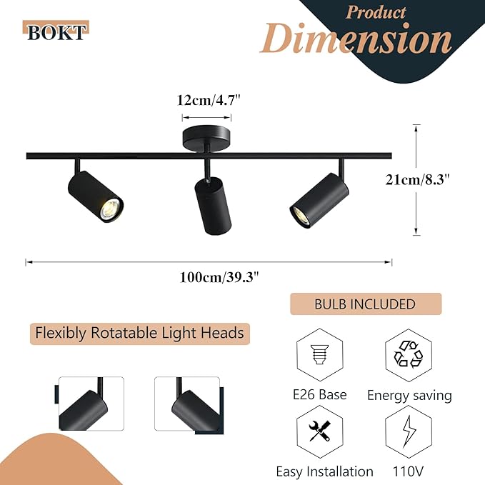 BOKT Modern Matte Black 3 Lights Adjustable LED Track Lighting Kits Industrial - Image 2