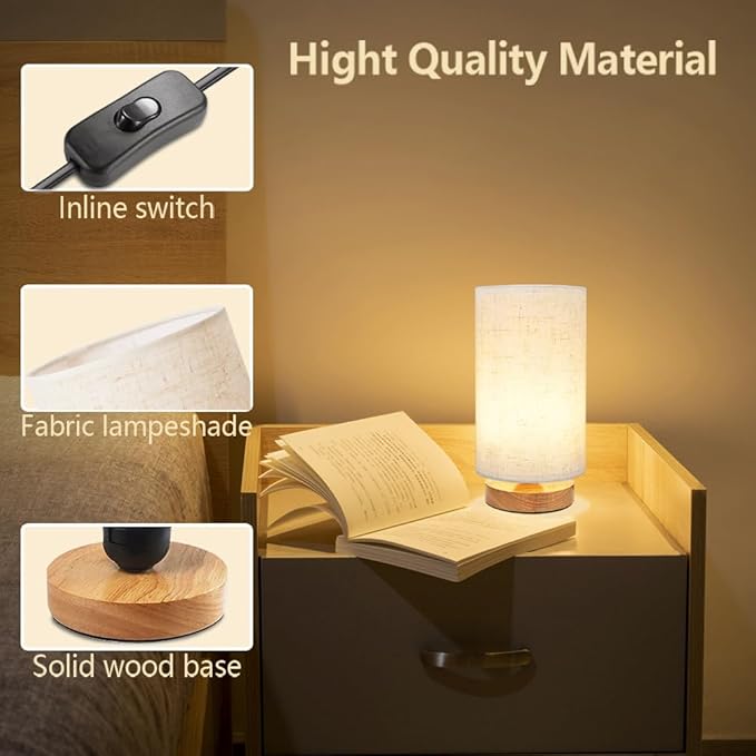 Small Bedside Table Lamp for Bedroom, Minimalist Wood Base & Round Fabric Shade - Image 6