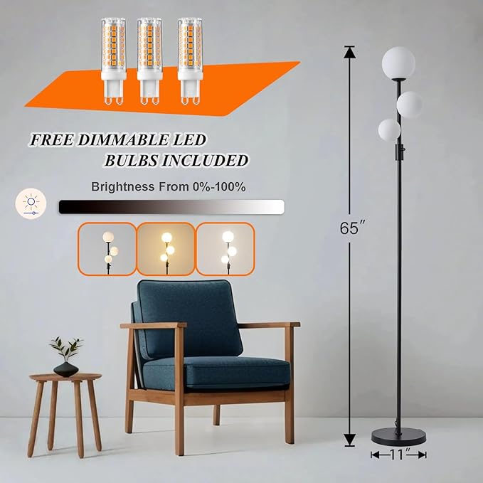 Fiqevs Upgraded Dimmable 3 Globe Mid Century Modern Floor Lamp, 3 x 3000K Warm - Image 3