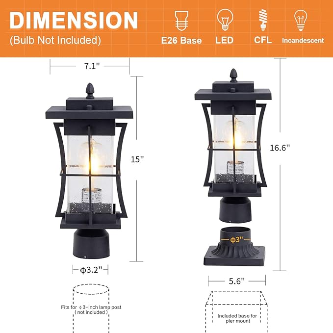 Dusk to Dawn Outdoor Post Light Fixture Waterproof Pole Mount Light - Image 6
