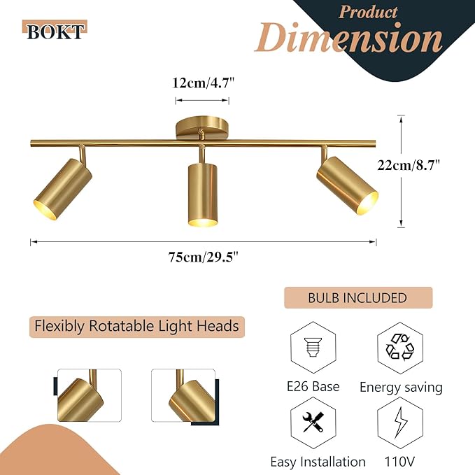 BOKT Brushed Brass Gold 3-Lights LED Adjustable Track Lighting Kit Mid Century - Image 2