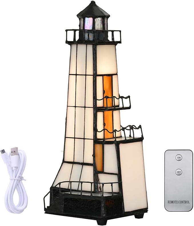 Bieye L10779 Lighthouse Tiffany Style Stained Glass Accent Table Lamp Night by Bieye