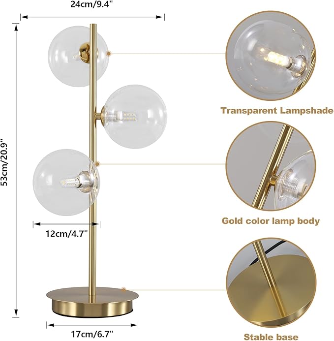 Mid Century Globe Table Lamp, Modern 3 Lights Gold Desk Lamp, Contemporary - Image 2
