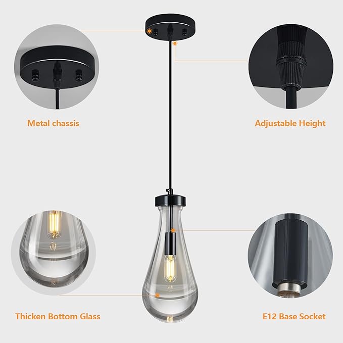 Raindrop Pendant Lights Kitchen Island Teardrop PlatingBlack Hanging Light - Image 8