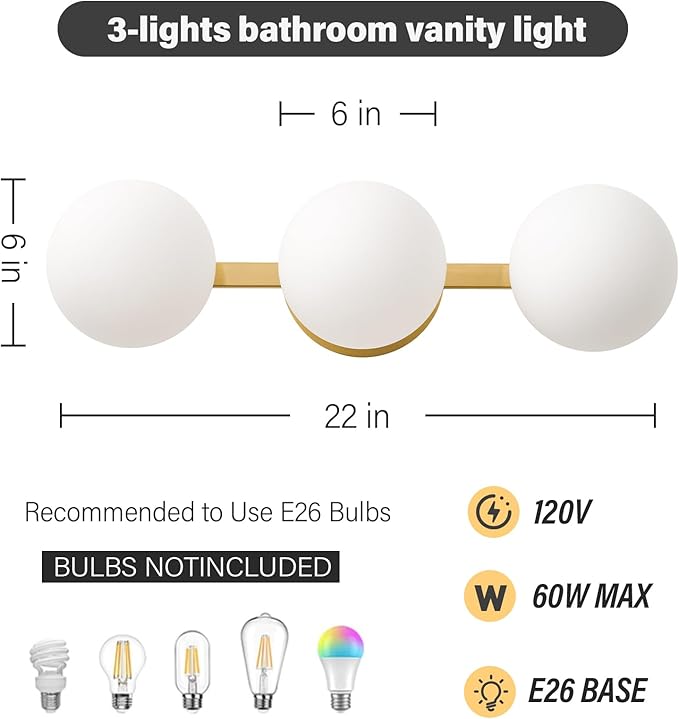 Bathroom Vanity Mirror Light Fixtures: 3 Lights Bath Wall Sconce Lighting - Image 2