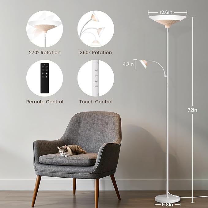 Torchiere Floor Lamp with Wood Grain Shade, 2-in-1 Floor Reading Lamp with - Image 2