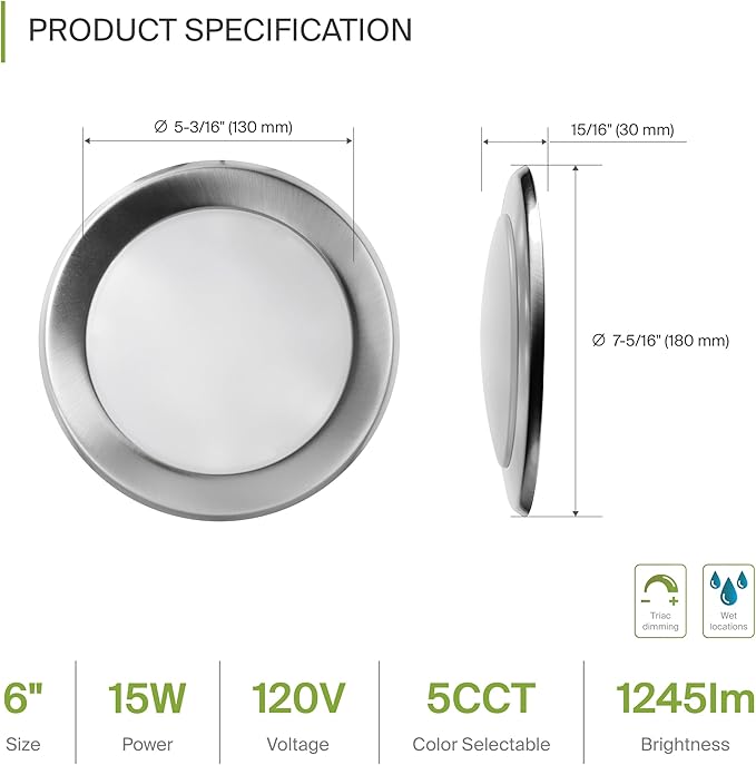 ASD 1 Pack LED Disk Lights 6 Inch, 15W 5CCT 2700K-5000K 1245LM CRI90+, Dimmable - Image 2