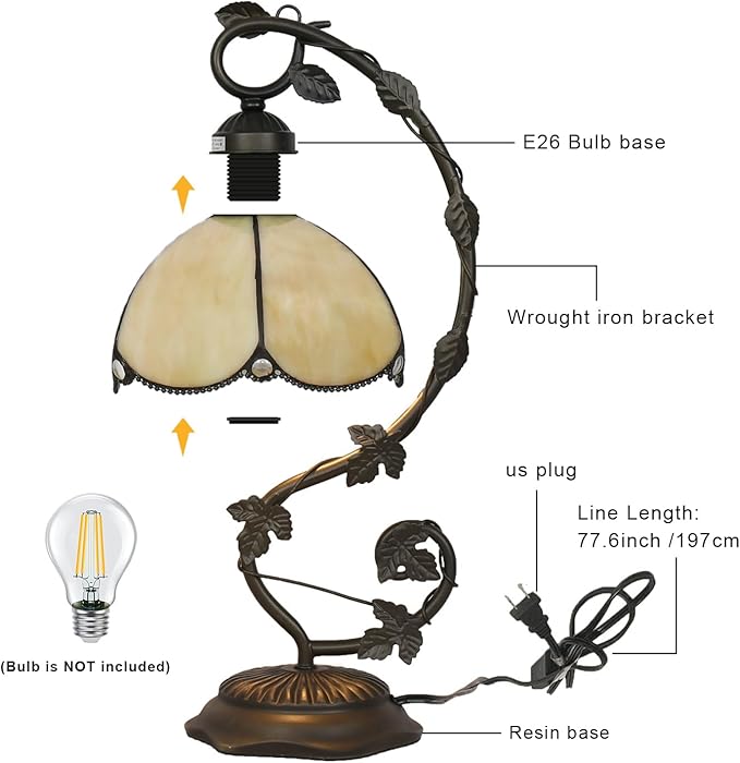 Golden Glass Table Lamp, Vintage Table Lamp, Bronze Metal Leaf Base Lamp - Image 9