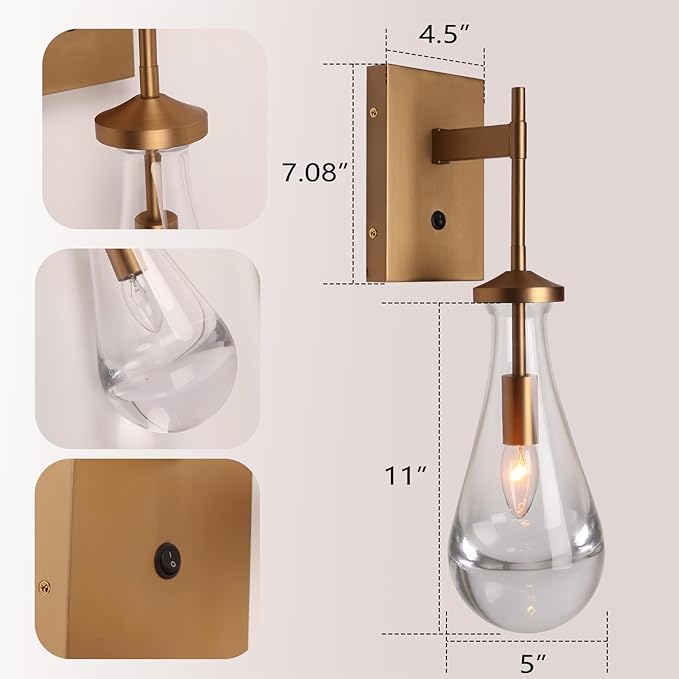 HuisMier Raindrop Wall Sconces, Brushed Brass Glass Wall Sconce - Image 3
