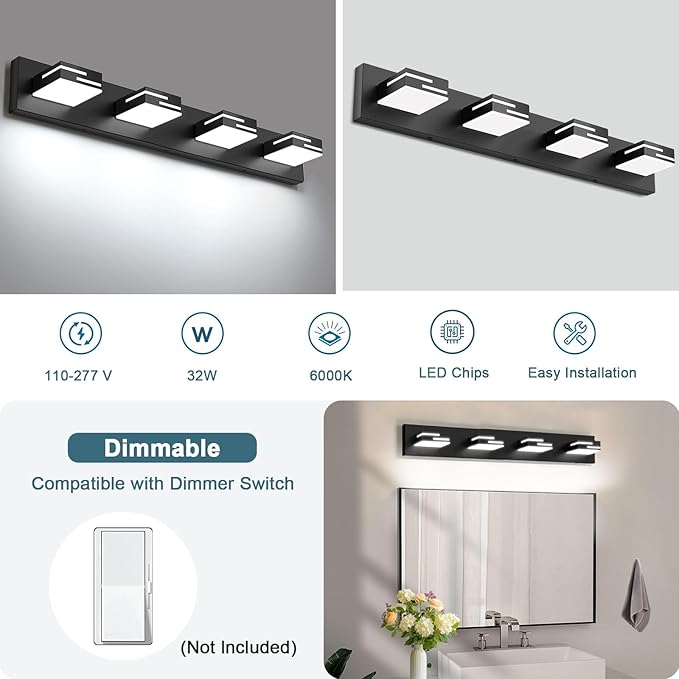 LED Modern Bathroom Vanity Light Fixtures, 4-Light 28-inch Dimmable Matte Black - Image 4