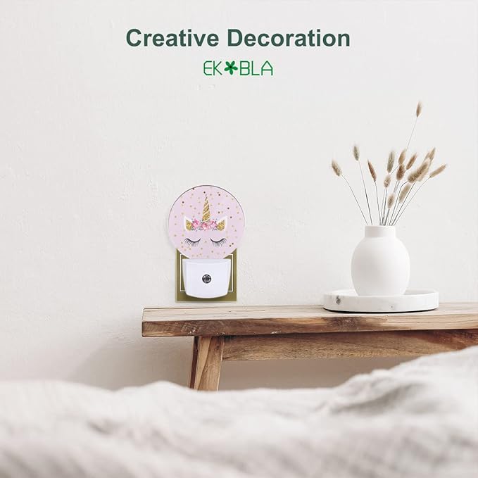 EKOBLA Unicorn Pink Night Light Gold Golden Polk Dots Stars Night Lights Plug - Image 2