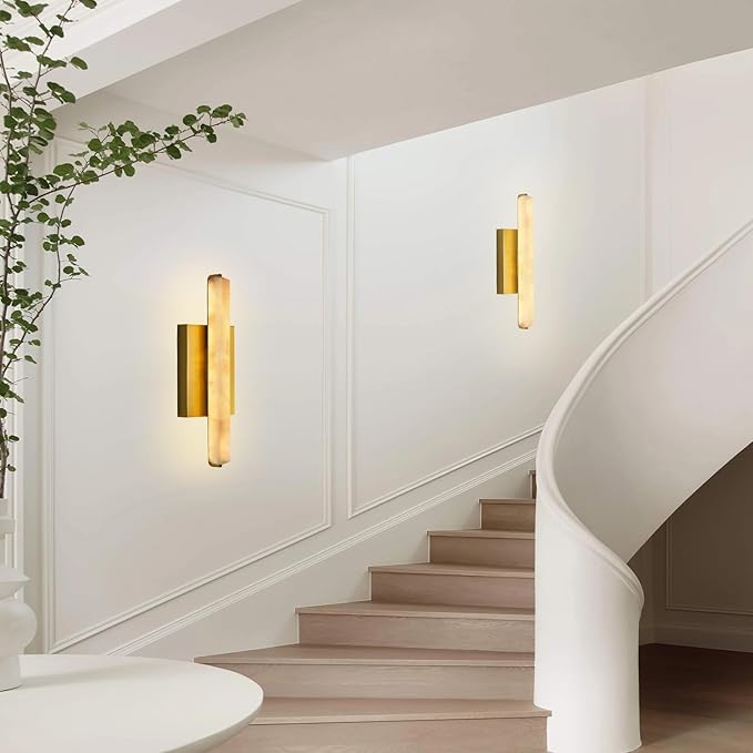 Alabaster Wall Sconces Set of Two, 15in Brass Alabaster Sconce, Modern Spanish - Image 8
