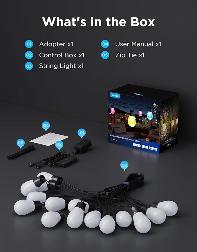 Govee S14 Bulb Outdoor String Lights 2, 48ft Smart RGBIC Warm White Patio Lights - Image 9