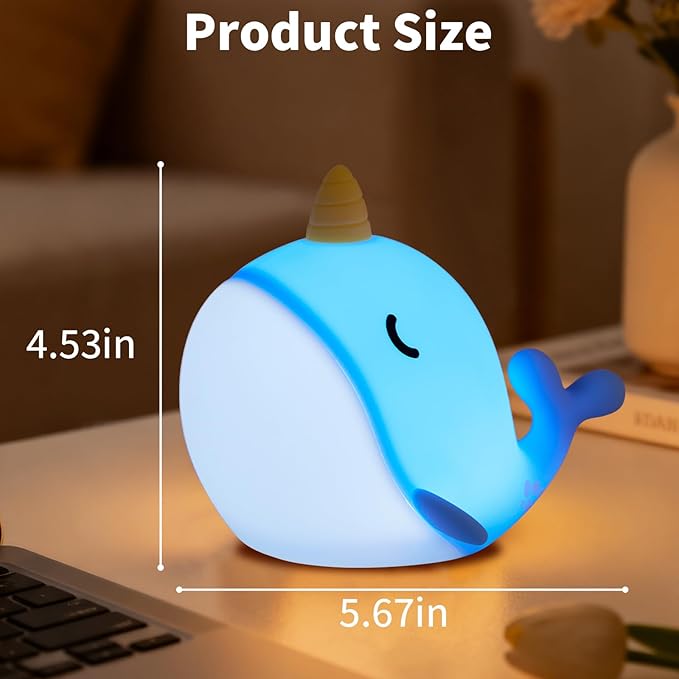 Cute Narwhal Night Light, Tap Control & Color Changing, USB Kids Bed Lamp - Image 2