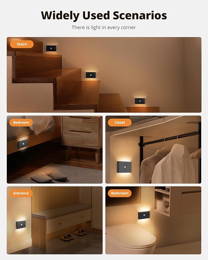 wowatt 6 Packs Rechargeable Motion Sensor Stair Light Black Battery Night Lights - Image 8