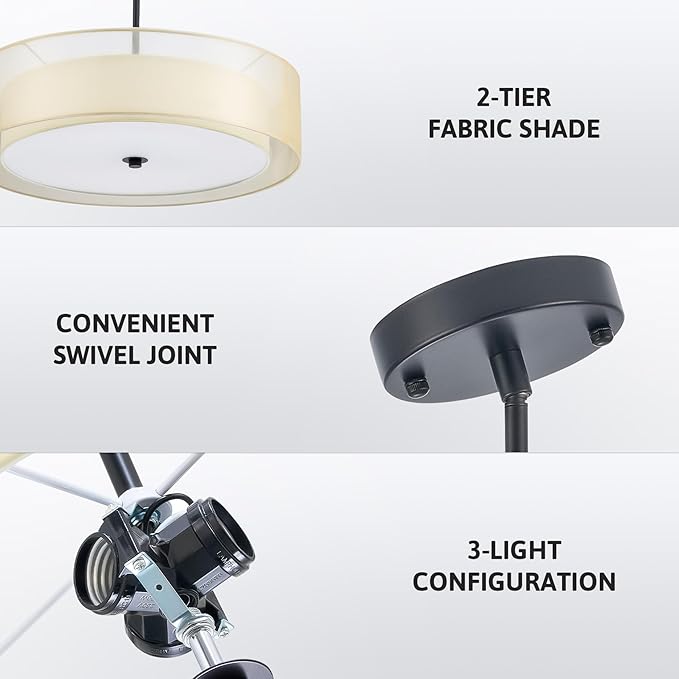 VONLUCE 3-Light Drum Chandeliers, Adjustable Swivel Joint Hanging Light Fixture - Image 5