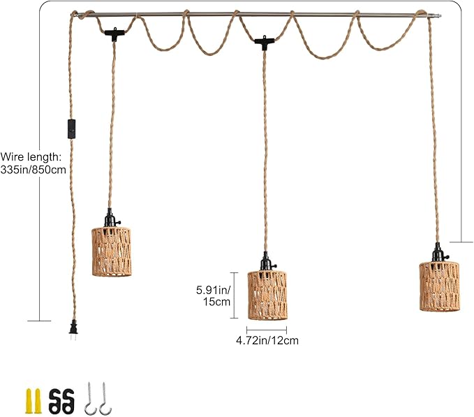 3-Light Hanging Light with Plug in Cord, Plug in Pendant Light 22ft Hemp Rope - Image 4