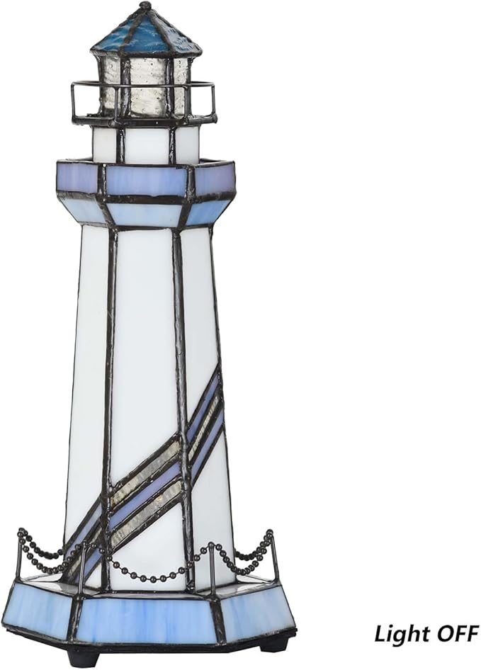 Bieye L10776 Lighthouse Tiffany Style Stained Glass Accent Table Lamp Night - Image 5