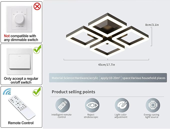GEADI Led Ceiling Light, Modern 4-Square Ceiling Lamp 52W Dimmable Flush Mount - Image 4