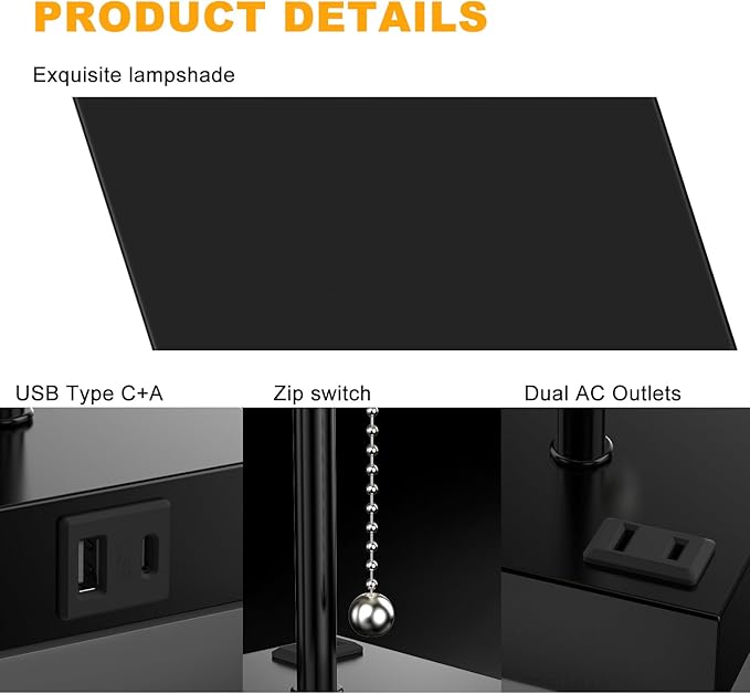 Table Lamp for Bedroom with USB, Bedside Lamp with USB C+A Charging Ports - Image 9