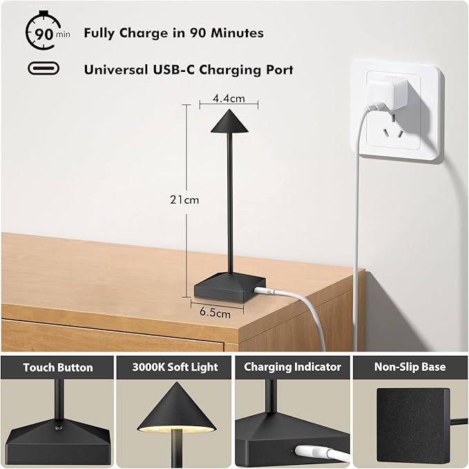 3 Pack 8.26in Black Small Cordless Table Lamps Rechargeable, Battery Operated - Image 4