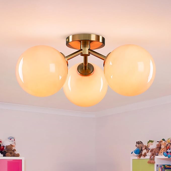 Pink Semi Flush Mount Ceiling Light Fixture, 3 Light Opal Glass Globe Mid - Image 2
