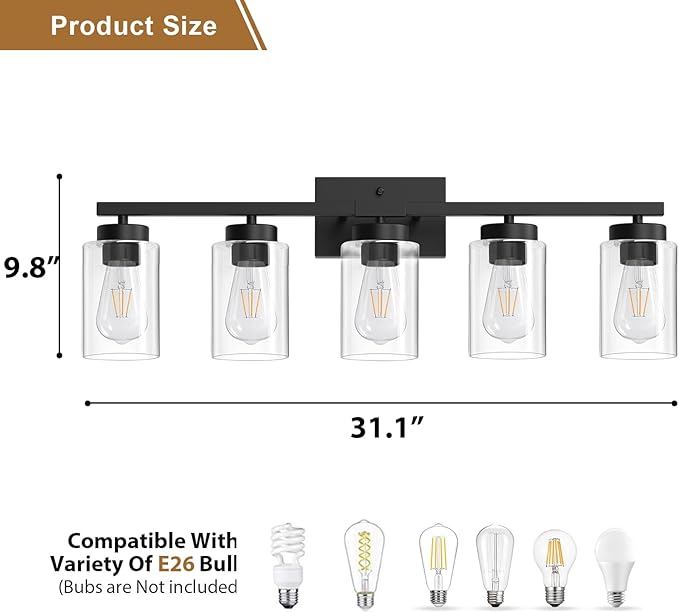 IZORRO Black Bathroom Vanity Light, 5-Light Vanity Lighting fixtures Over Mirror - Image 4