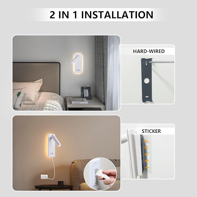 LED Reading Lights Wall Mounted, Plug in Wall Sconces Set of 2, Dimmable Bed - Image 5