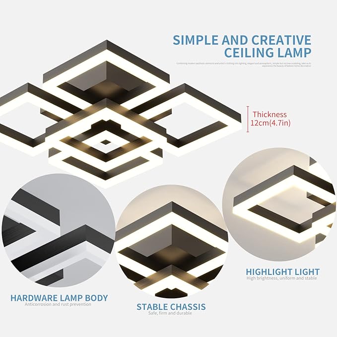 GEADI Modern LED Ceiling Light, 64W Dimmable Black Flush Mount Light 5-Square - Image 6
