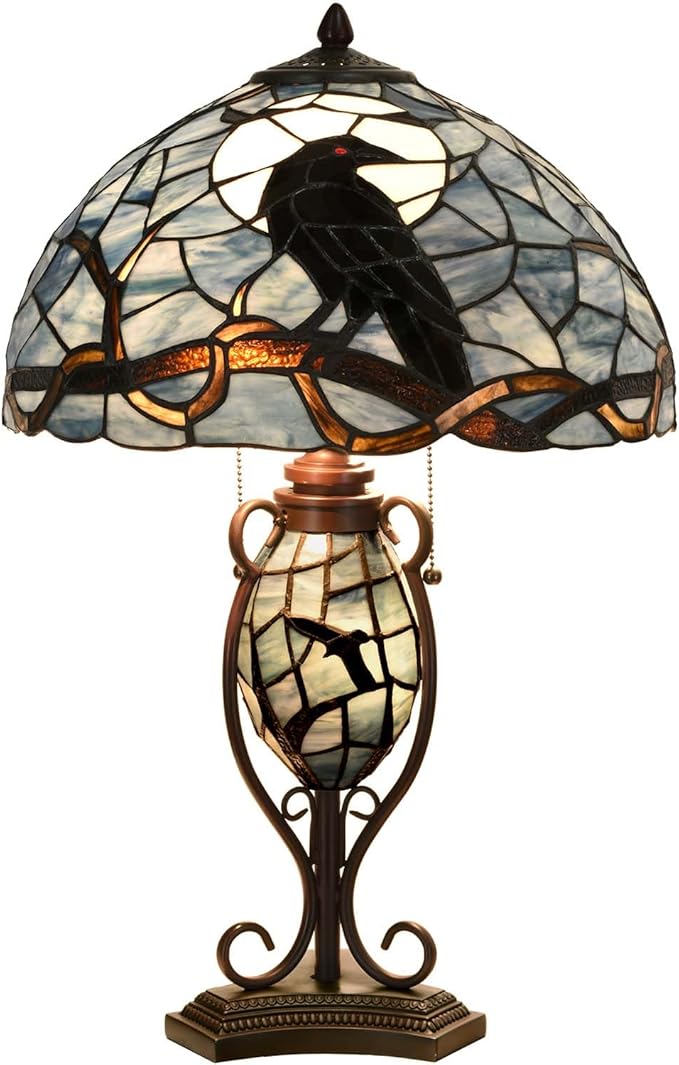 Bieye L10954 Raven Sitting on Bare Tree Branch in Full Moon Night Tiffany Style by Bieye