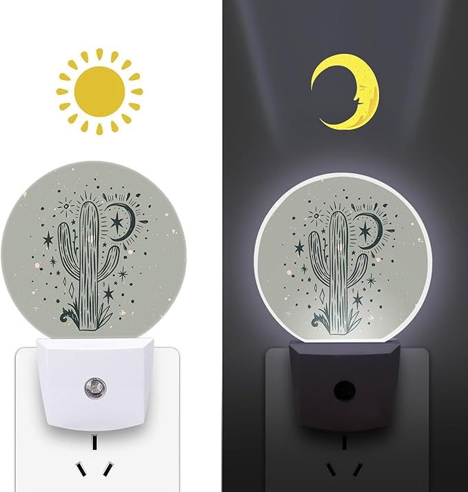 Round LED Night Light, Wild Cactus Desert Arizona Vintage LED Night Light Plug - Image 2