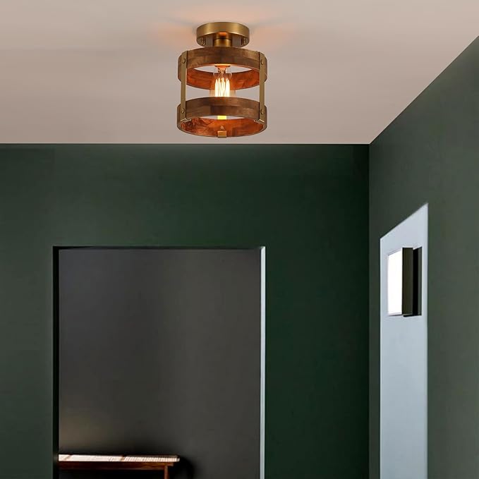2 Pack Rustic Farmhouse Wood Flush Mount Ceiling Light Fixture Oak Wood and - Image 7