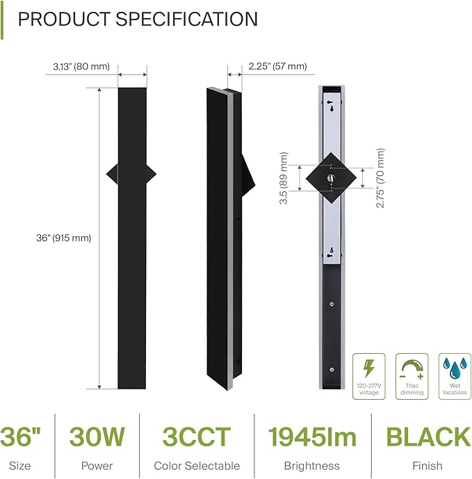 ASD LED 36" Long Wall Mount Light Fixture, Outdoor & Indoor Linear Sconce | 3CCT - Image 2