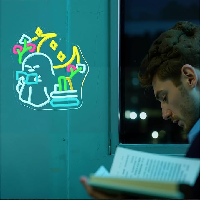 Little Ghost is Reading Books Neon Sign, Whimsical Study Vibes Neon Light - Image 2