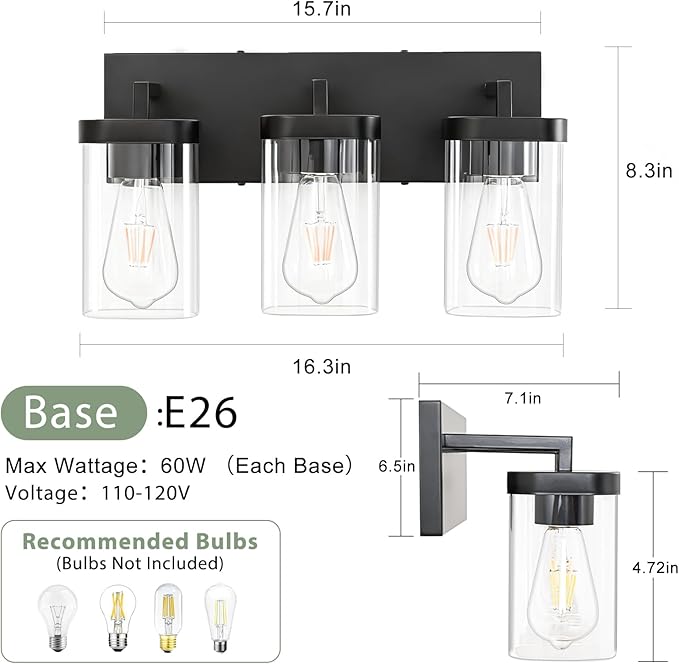 3-Light Bathroom Lighting Fixtures over Mirror, Matte Black Vanity Lights - Image 3