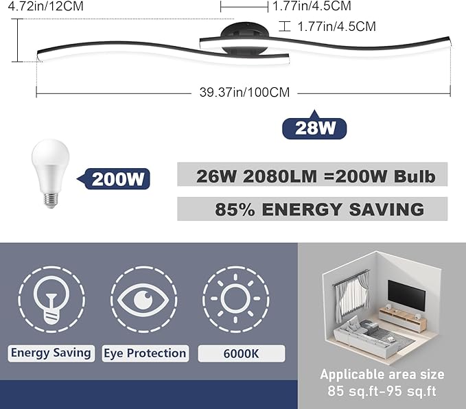 39.37Inch Linear Ceiling Light 6000K Black Modern Ceiling Light Fixture 28W - Image 3