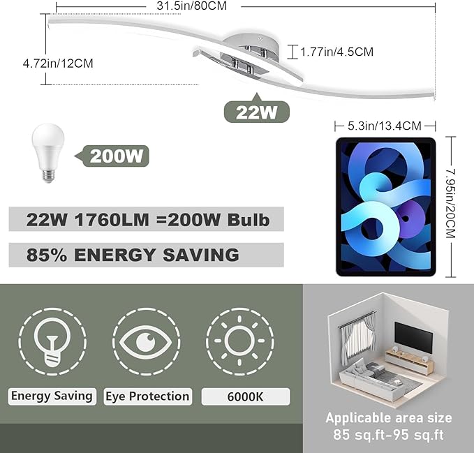 31.4Inch Modern LED Ceiling Light 22W Chrome Linear Ceiling Light Fixture 6000K - Image 4