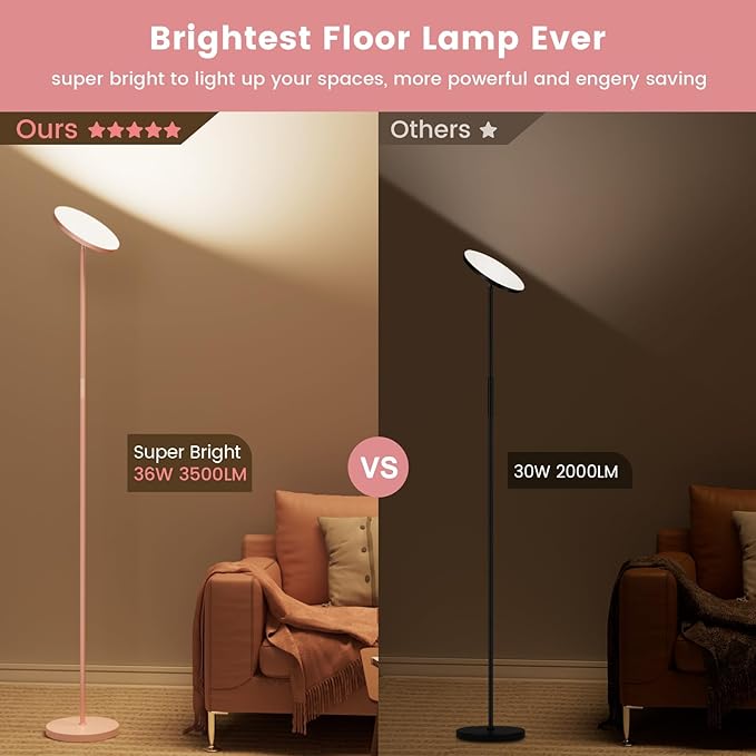 Pink Dimmable Floor Lamp, Bright 36W 3500LM Standing Lamp - Image 6