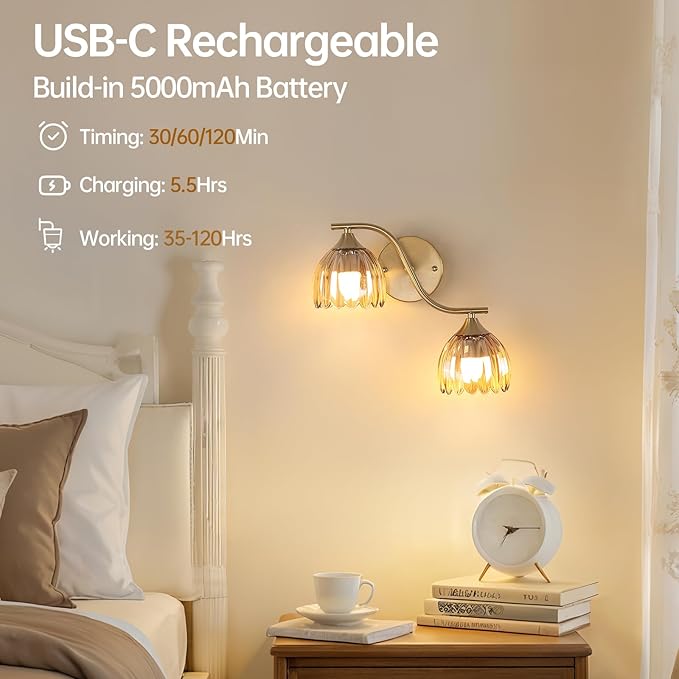 Battery Operated Wall Sconce, 2-Lights Vinatge Brass Wall Lighting - Image 7
