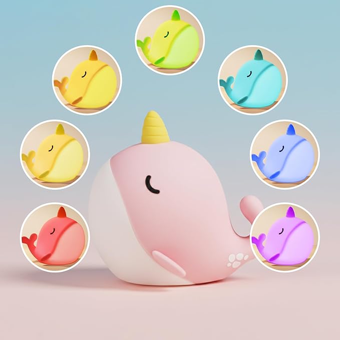 Cute Whale Night Light, Soft Narwhal Silicone LED Night Lamp, Rechargeable - Image 5